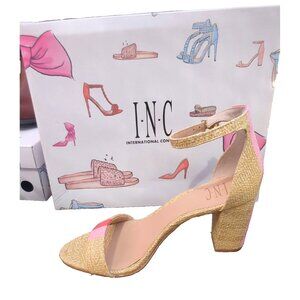 INC Women's Kivah 20 Straw Stripe Block Heel Sandals Tan Brown Pink Size 8 M